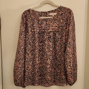 LOFT Floral Pleated Long-Sleeve Blouse in Grey and Pink